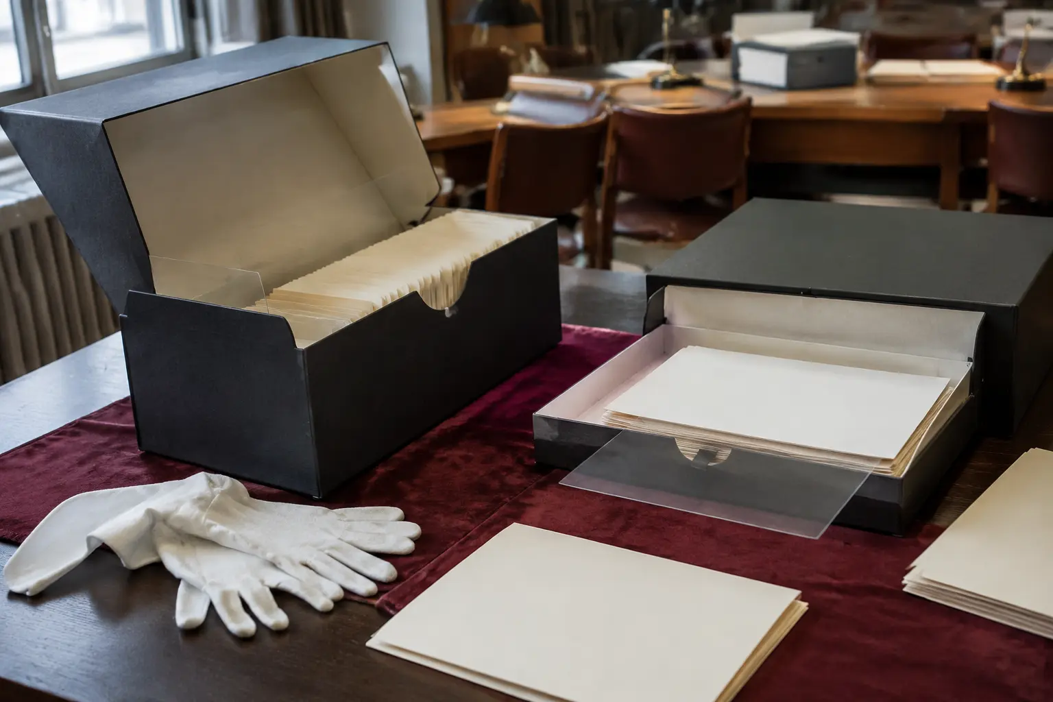 Numbered archival boxes catalogued in a quiet records room