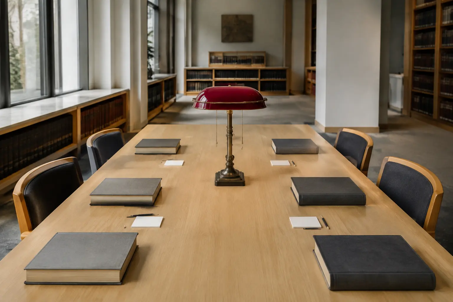 An empty archival research table with carefully arranged source documents